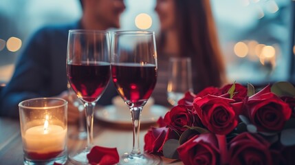 Young happy couple on a romantic date in a restaurant by candlelight, drinking wine by candlelight, roses on the table. Valentine's day background