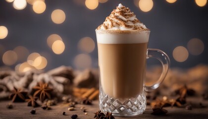 Chai Latte Charm, a creamy chai latte in a tall glass, the spices visible through the glass  - obrazy, fototapety, plakaty