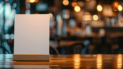 Fototapeta na wymiar Mock up Table tent menu card on blurred cafe bar background