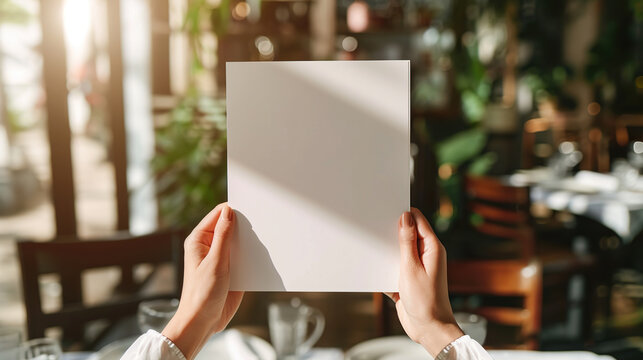 Female hands with blank menu on blurred cafe interior
