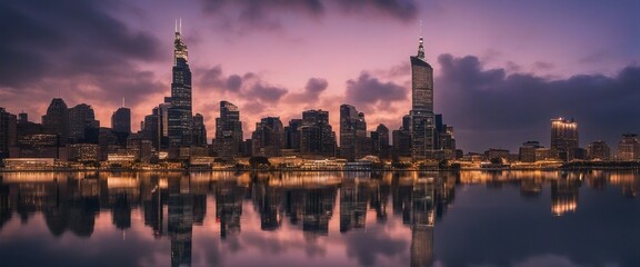  City Skyline at Twilight, a cityâ__s skyline reflected in the water during twilight, combining urban