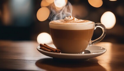 Cinnamon Spiced Latte, a warm, frothy latte dusted with cinnamon - obrazy, fototapety, plakaty
