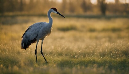 Obraz premium Dancing Crane in a Meadow, a crane dancing in a meadow, its graceful movements and striking