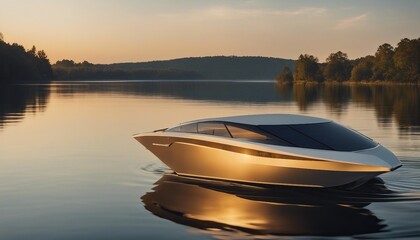 Eco-Friendly Solar Boat, an eco-friendly boat powered by solar panels, gliding quietly - obrazy, fototapety, plakaty