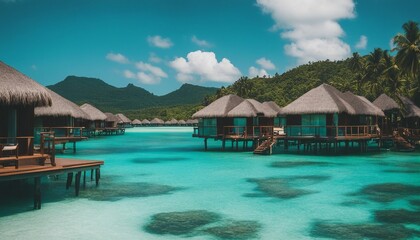 Exotic Overwater Bungalows, a row of exclusive overwater bungalows in a turquoise lagoon