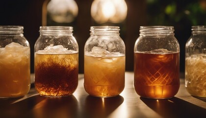 Fermented Kombucha Jars, jars of homemade kombucha with visible strands of culture