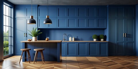 Mockup Dark Blue wall in kitchen and minimalist interior design. Open space kitchen concept. 3d rendering