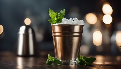 Frosty Mint Julep, a chilled julep cup brimming with crushed ice and fresh mint - obrazy, fototapety, plakaty