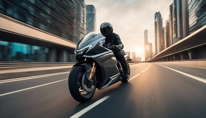 Futuristic Motorcycle on Highway, a sleek, high-tech motorcycle speeding down a future city highway