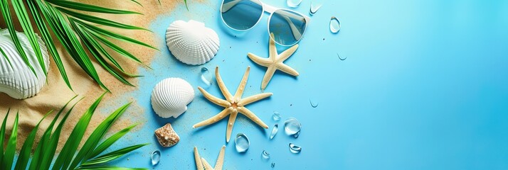 Fototapeta premium Sunglasses, starfish, seashells, and palm leaves for summer vacation