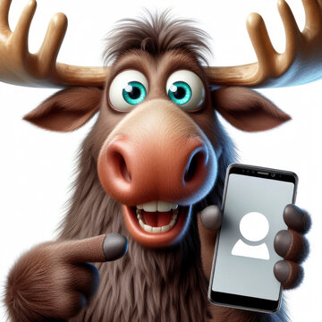 surprised moose with bulging big eyes point on smartphone with white screen on white background. ai generative