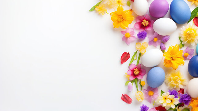Easter greeting card with decorated eggs and spring flowers. Eggs and spring flowers on White background with space for text, flat lay, top view, studio shot.