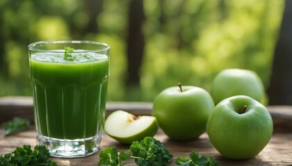 Green Detox Juice, a refreshing glass of green detox juice with kale and apple, presented in a calm - obrazy, fototapety, plakaty