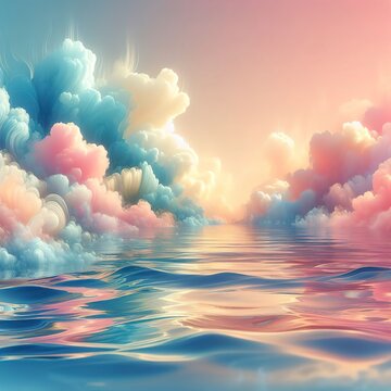 Water and clouds in pastel colors and a pink and blue hues