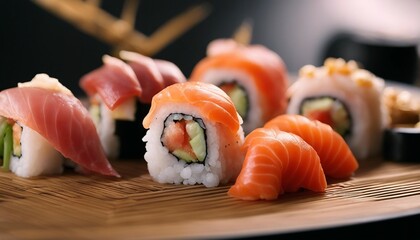 Japanese Sushi and Sashimi, an exquisite arrangement of sushi and sashimi, set against a clean