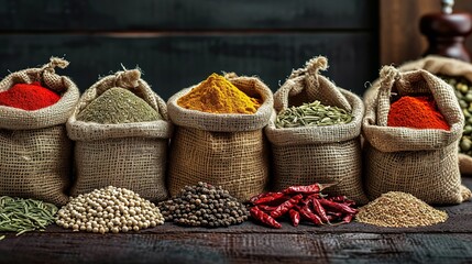 Set of spices in jute bags on wooden background. Created AI