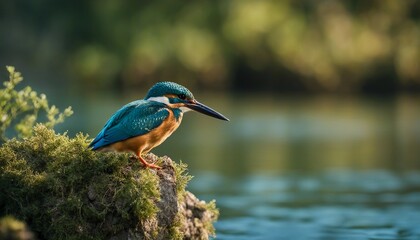 Kingfisher Catch, a kingfisher , set against the backdrop of a clear blue river, highlighting 