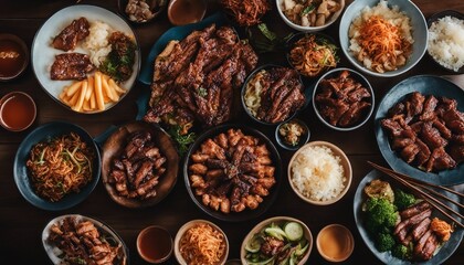 Korean BBQ Spread, a vibrant spread of Korean BBQ meats and sides, set in a lively, modern Korean - obrazy, fototapety, plakaty