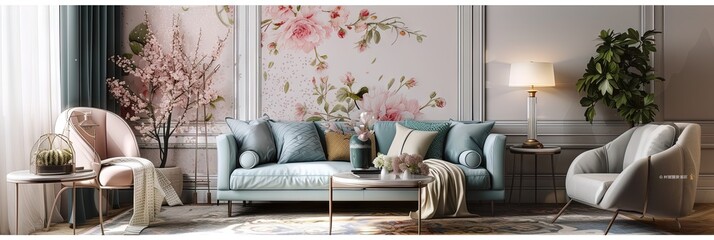 Floral living room interior with furniture and art on walls