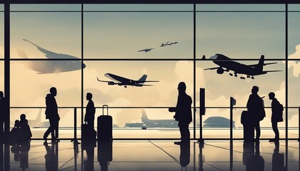 Silhouette of passengers waiting in front of the window at the airport and the airliner.
 - obrazy, fototapety, plakaty