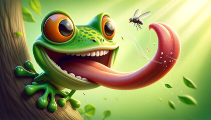 A cartoon frog with exaggerated features joyfully sticks out its long tongue towards a fly against a vibrant green backdrop.Frog behavior concept. AI generated.