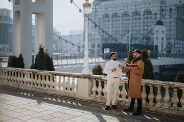 Captured in a bustling urban environment, this image depicts two fashionable men deeply engaged in...