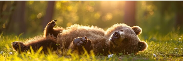 Wild bear laying in a grassy field in the morning sun - obrazy, fototapety, plakaty