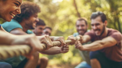 A team-building activity captured mid-challenge, forming a dynamic and energizing scene that highlights the importance of teamwork and appreciation, with copy space