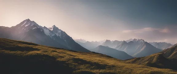 Fotobehang Minimalist Mountain Range, a serene depiction of a minimalist mountain range, using soft color © vanAmsen