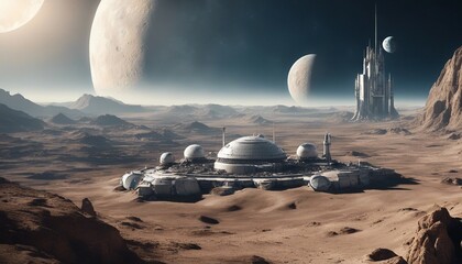 Moon Colony Vista, a futuristic view of a colony on the Moon, overlooking Earth in the distance,