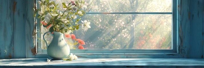 Delicate vase on a windowsill with gorgeous view