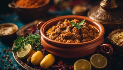 Moroccan Tagine Delight, a fragrant Moroccan tagine, its spices and colors highlighted - obrazy, fototapety, plakaty