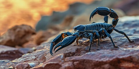 Scorpion on the ground, close-up of black scorpion.