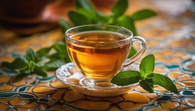 Moroccan Mint Tea, a vibrant glass of mint tea with fresh leaves