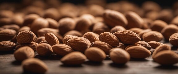 Organic Almonds, a scatter of raw almonds with their light brown hues, set on a rustic surface - obrazy, fototapety, plakaty