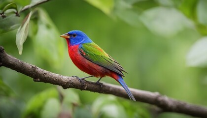 Fototapeta premium Painted Bunting on a Branch, a painted bunting perched on a tree branch, its multicolored feathers
