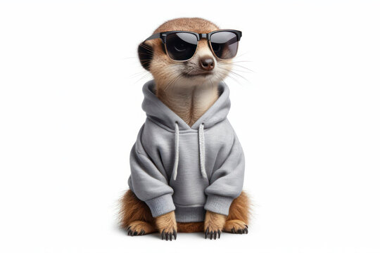 meerkat dressed in a sweatshirt and sunglasses isolated on white background. ai generative