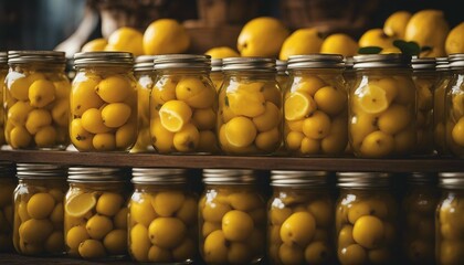 Preserved Lemon Rows, jars filled with preserved lemons, the light catching their vibrant yellow