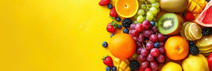 Mixed fruit on yellow background with copy space