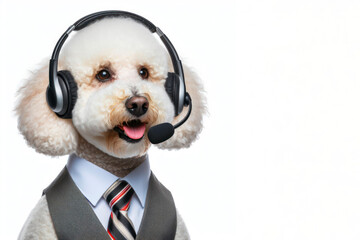 Portrait of a poodle dog wearing headphones and working in a call center on solid white background. ai generative