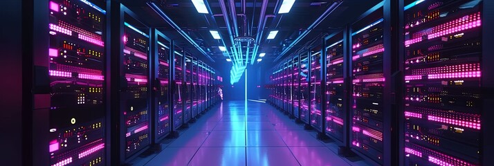 Interior of a server farm - cloud storage, software as a service running software apps, artificial intelligence, and crypto mining on enterprise scale - obrazy, fototapety, plakaty