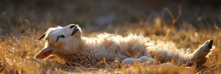 Fotobehang Lamb laying in a field at golden hour in the morning © Brian