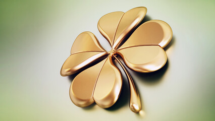 Golden four leaf clover on green background. 3D illustration