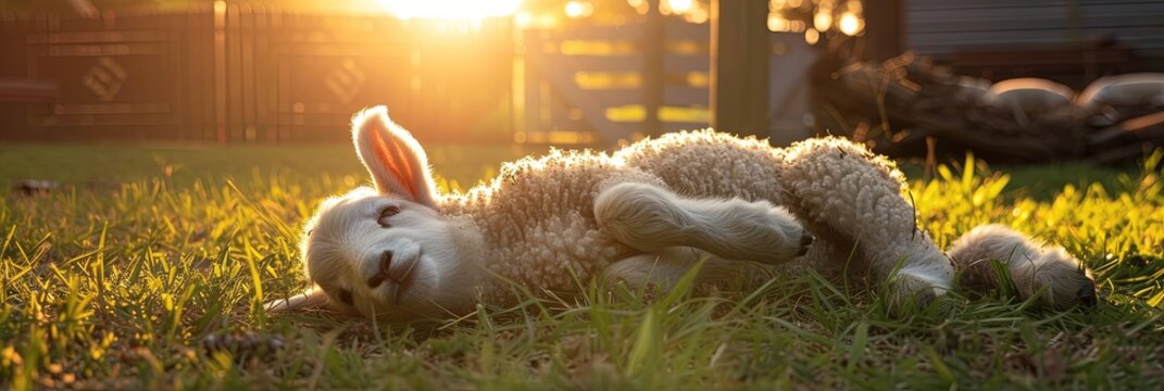Lamb laying in a field at golden hour in the morning