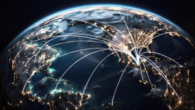 Earth's digital grid, facilitated by satellite internet connections, epitomizes a global network linking the world in an abstract 3D rendering of modern business and technology concepts