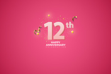 12th, 12th Anniversary celebration, 12 Anniversary celebration in Pink BG, stars, glitters and ribbons, festive illustration, white number 12 sparkling confetti, 12,13 - obrazy, fototapety, plakaty