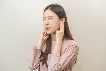 Tinnitus concept, sick asian young woman, girl have ear pain or earache, hand touch plug ear,...