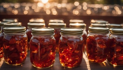 Sun-Dried Tomato Jars, rows of sun-dried tomatoes preserved in olive oil, the setting sun casting