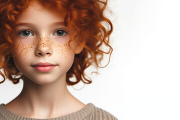Fototapeta premium portrait Small ginger red curly hair girl with freckles isolated on solid white background. ai generative