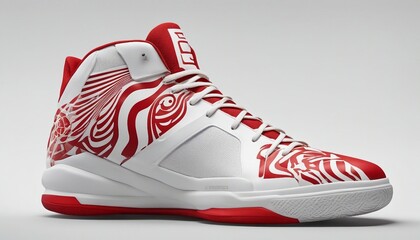 white coloured unbranded basketball shoe model with red color patterns, isolated white background
